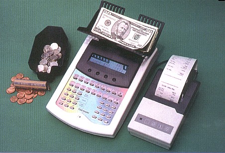 The Cashmaster Omega A has all of the basic functions found in the Omega C and adds a 12 register memory, as well as a feature allowing manual input of checks coupons credit slips and more. 